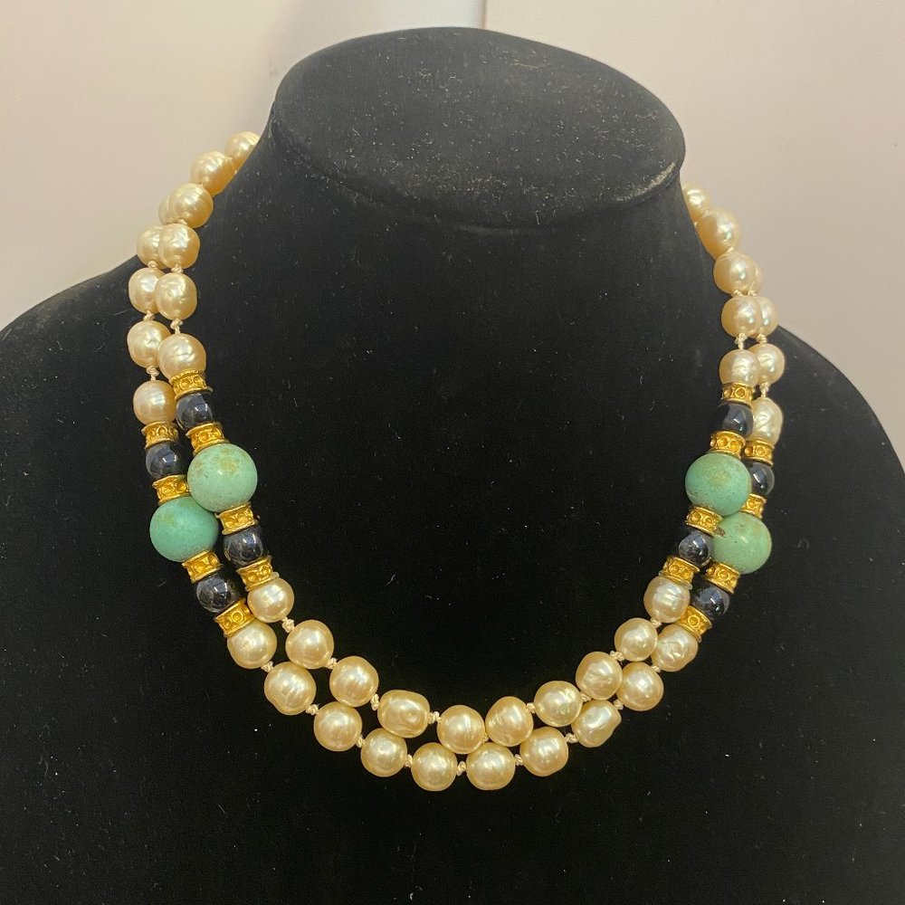 NECKLACE FAUX PEARLS & TURQUOISE BEADS 2 STRANDS